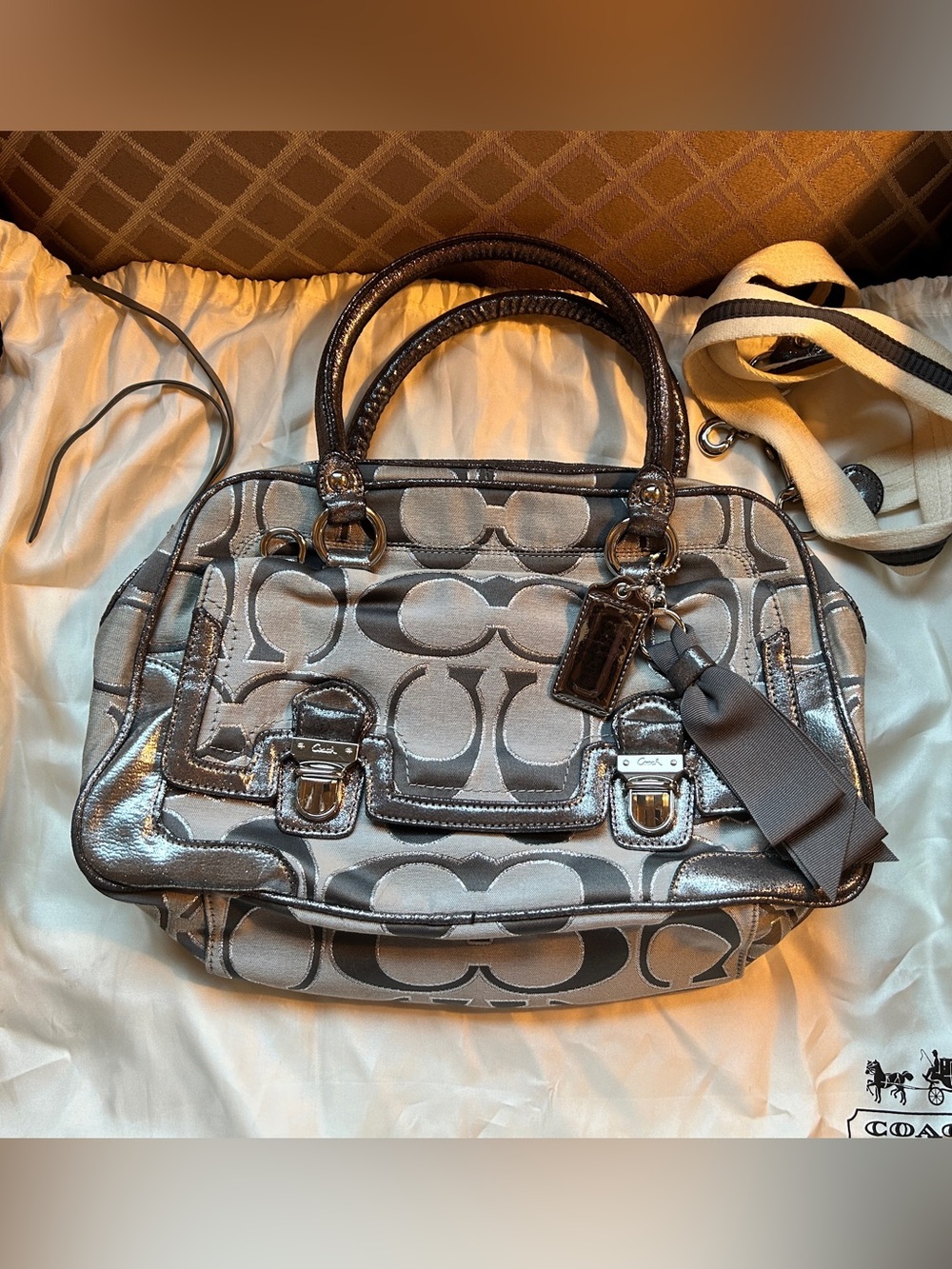 Coach Silver Signature Satchel with Dark Trim